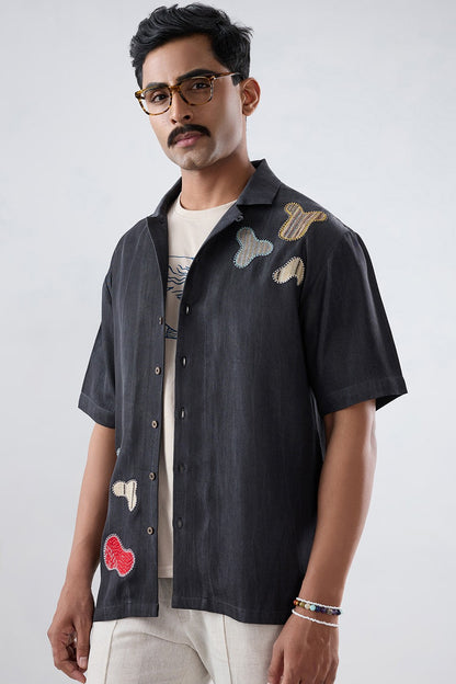 Black Denim Grid Patchwork Shirt