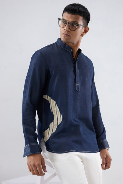 Dark Blue Denim Asymmetric Patchwork Kurta Shirt