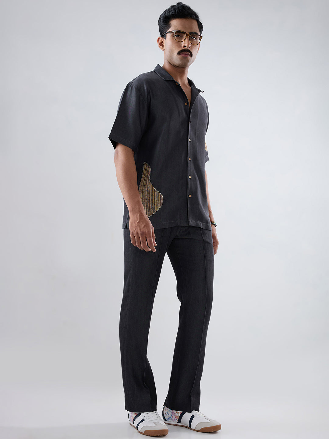 Black Denim Artisanal Patchwork Shirt