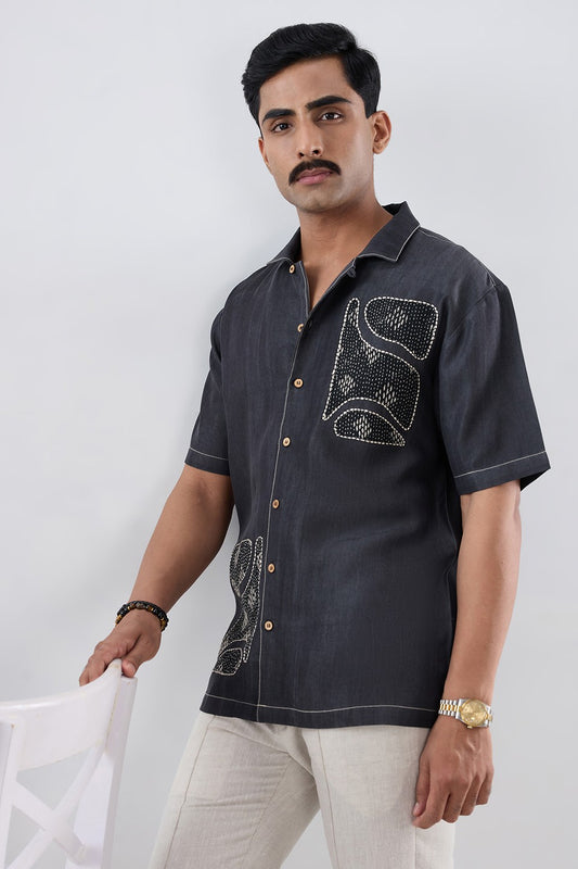 Black Denim Kantha Patchwork Shirt