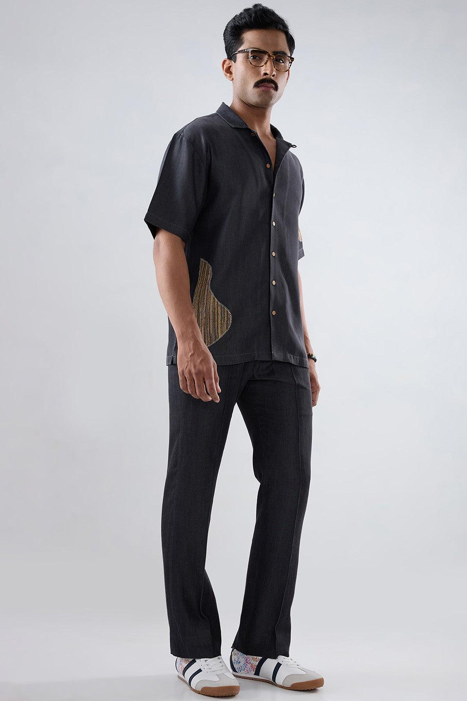 Black Denim Artisanal Patchwork Shirt