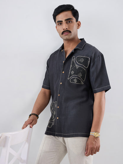 Black Denim Kantha Patchwork Shirt