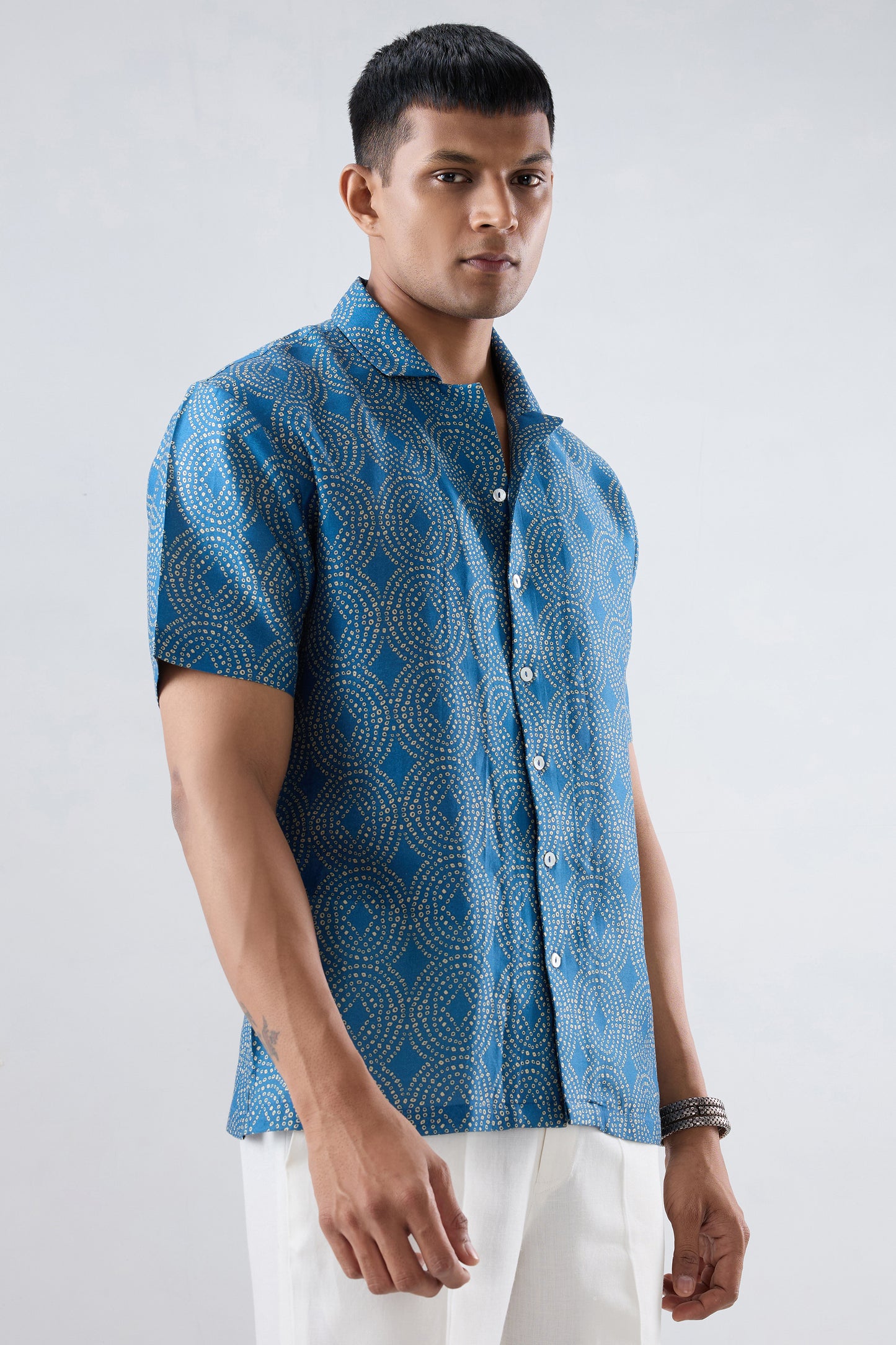 Dark Blue Bandhani Cuban Collar Shirt