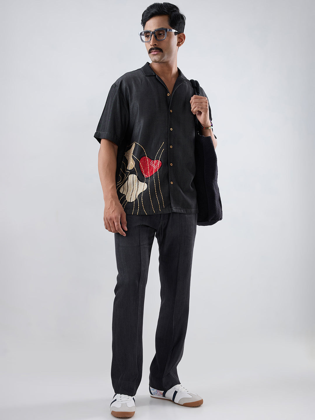 Black Denim Rust Panel Patchwork Shirt