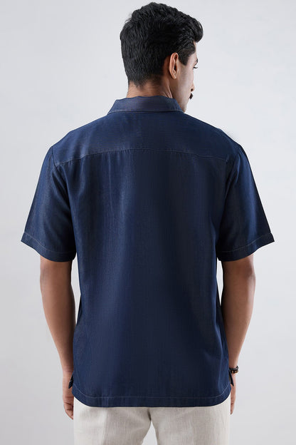 Dark Blue Denim Earth Patchwork Shirt
