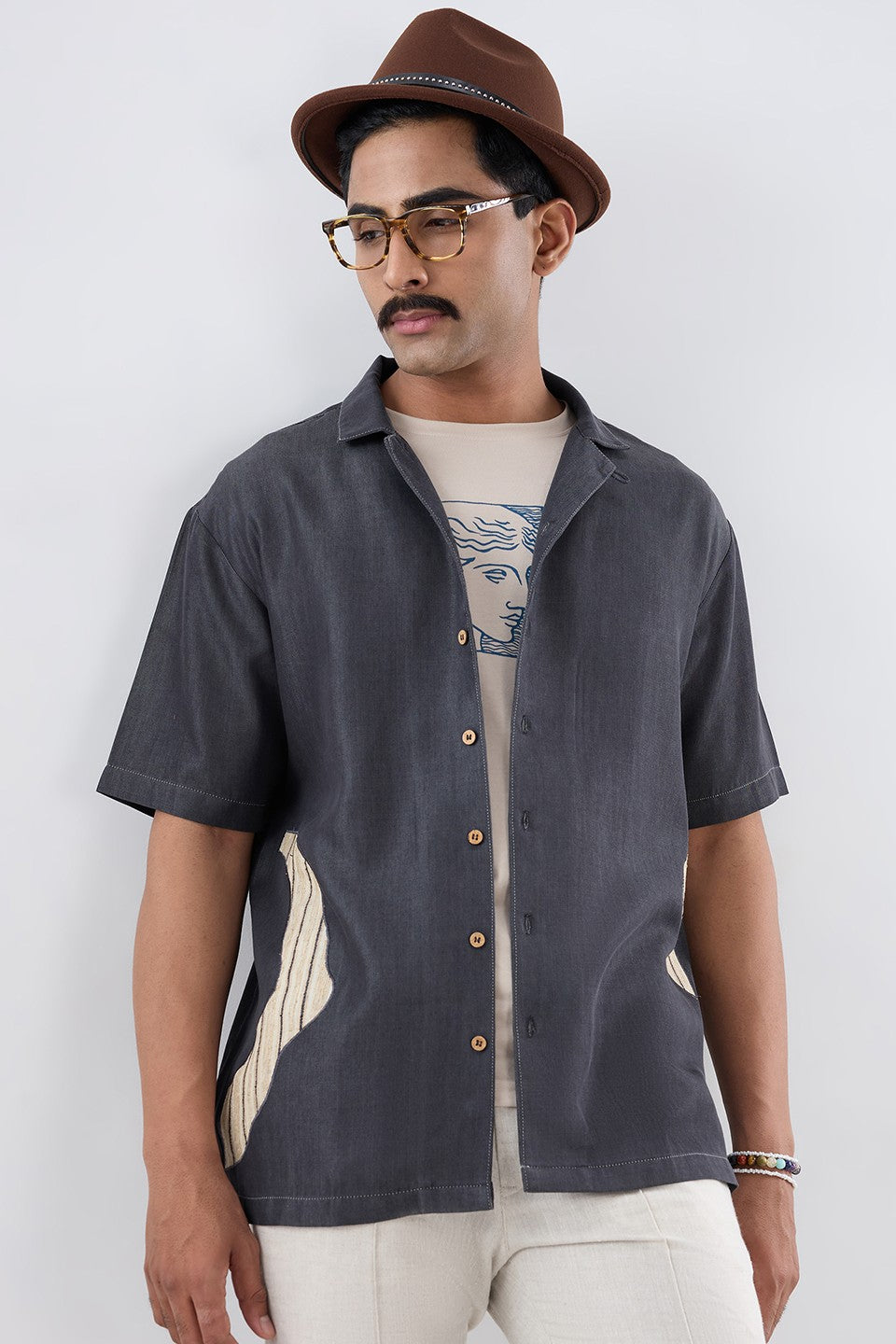 Black Denim Asymmetric Patchwork Shirt