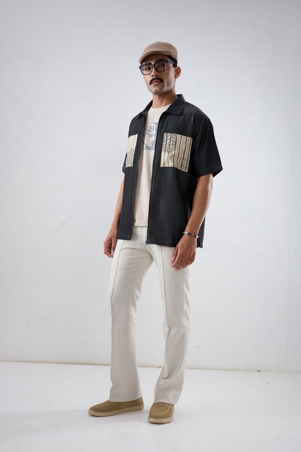Black Denim Cloud Zipper Patchwork Shirt