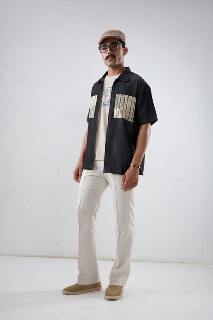 Black Denim Cloud Zipper Patchwork Shirt