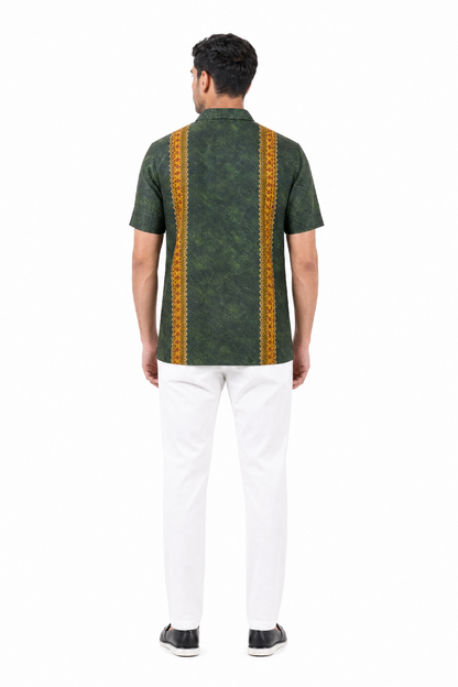 Olive Green Linear Silk Cuban Collar Shirt