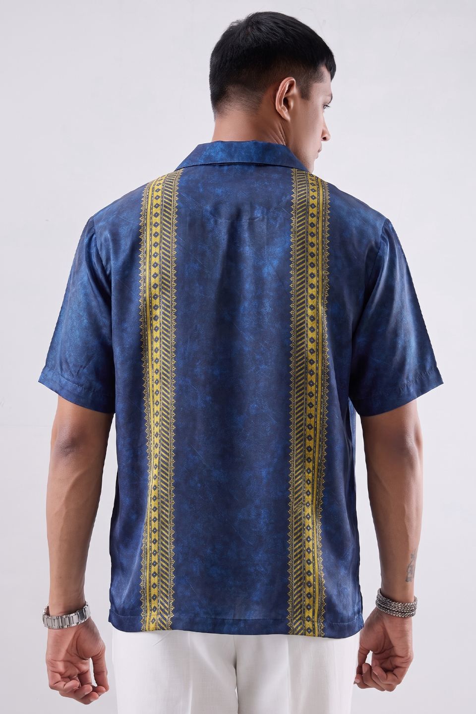 Blue Linear SIlk Cuban Collar Shirt