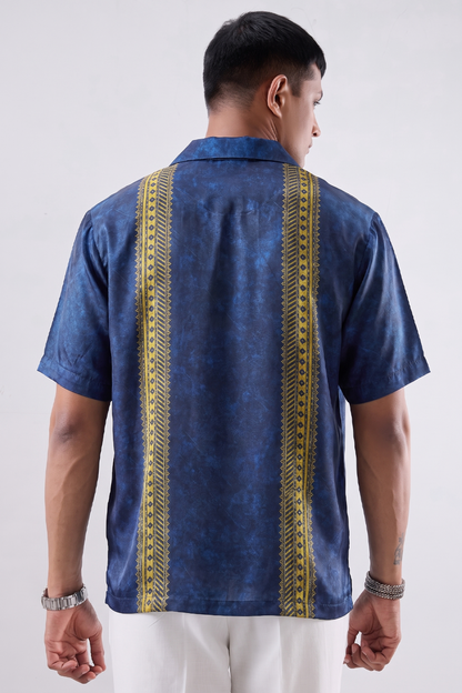 Blue Linear SIlk Cuban Collar Shirt