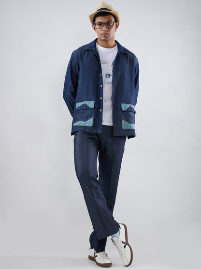 Dark Blue Denim River Flow Patchwork Shacket