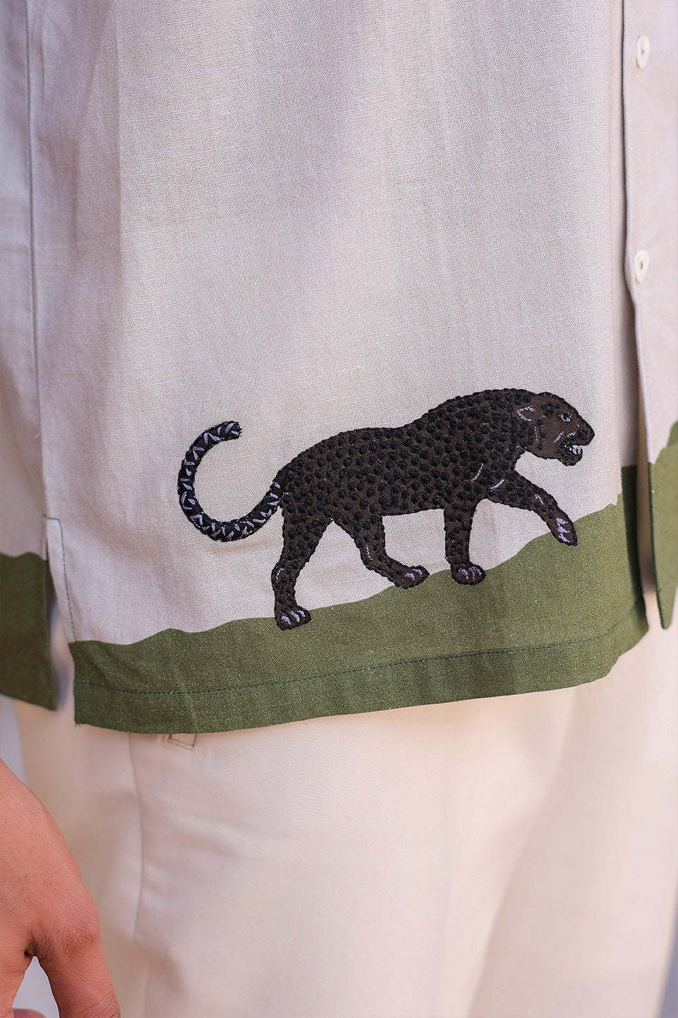 Ivory Embroidered Cuban Collar Shirt Panther