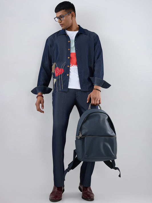 Dark Blue Denim Rust Panel Patchwork Shacket