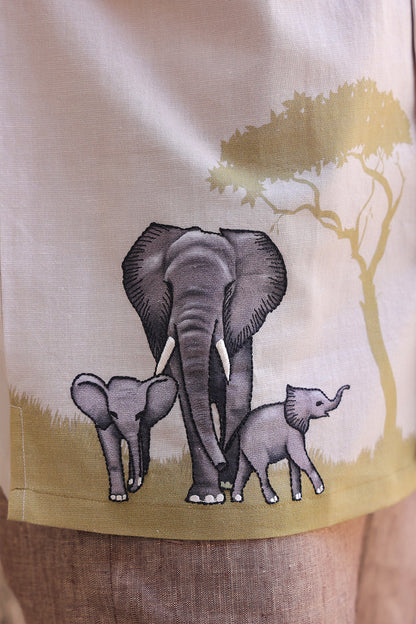 Ivory Embroidered Cuban Collar Shirt Elephant