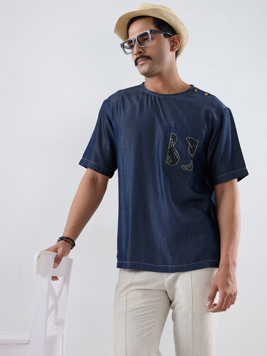Dark Blue Denim Kantha Patch Pocket T-shirt