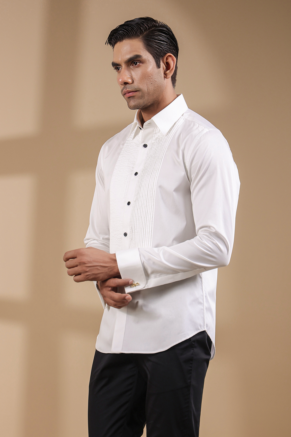 White Full Sleeves Pleated Tuxedo Shirt