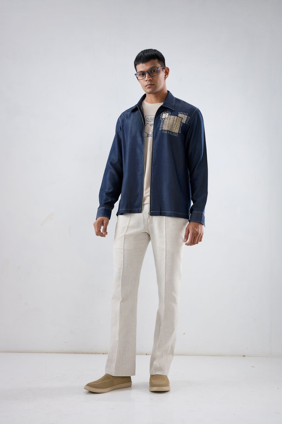 Dark Blue Denim Midnight Mosaic Zipper Patchwork Shacket