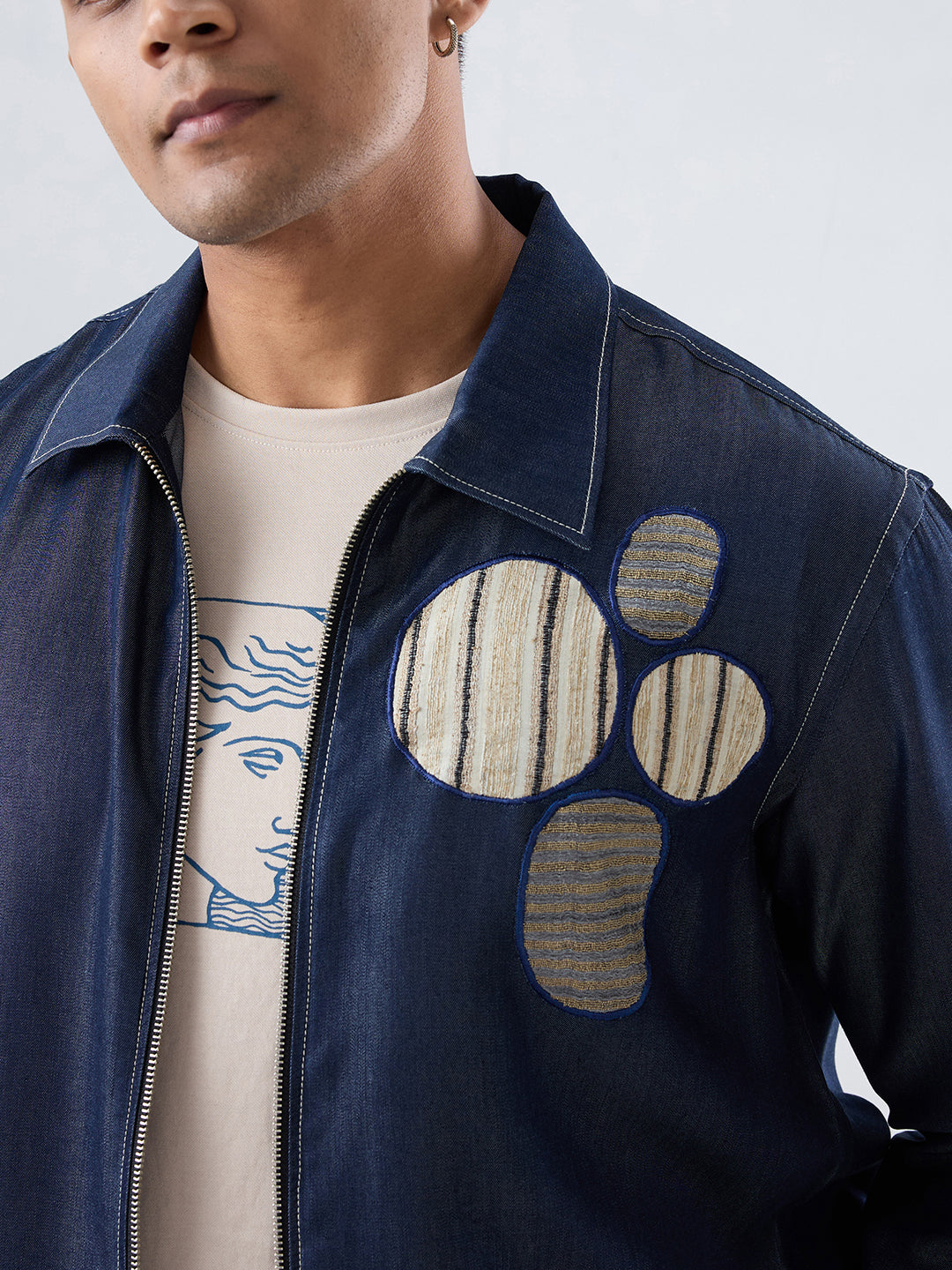 Dark Blue Denim Urban Nomad Zipper Patchwork Shacket