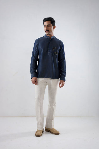 Dark Blue Denim Kantha Pocket Patchwork Kurta Shirt