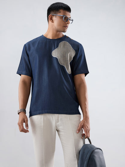 Dark Blue Denim Abstract Patchwork T-shirt