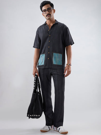 Black Denim Pocket Patchwork Shirt
