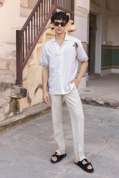 Ivory Embroidered Cuban Collar Shirt Zebra