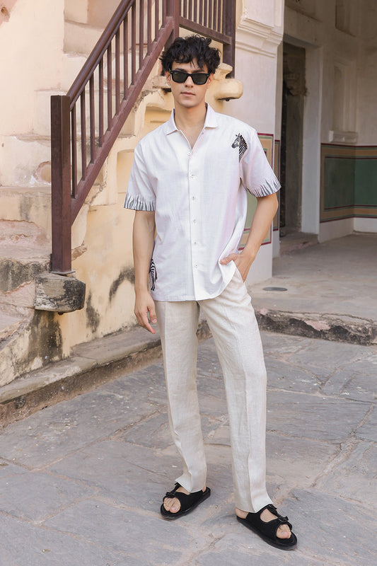 Ivory Embroidered Cuban Collar Shirt Zebra