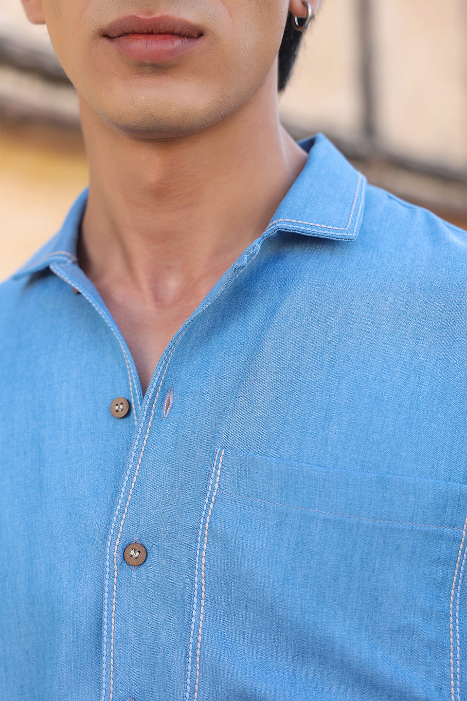 Light Blue Denim Cuban Collar Shirt