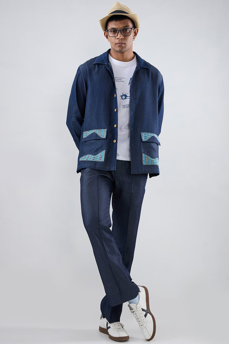 Dark Blue Denim River Flow Patchwork Shacket