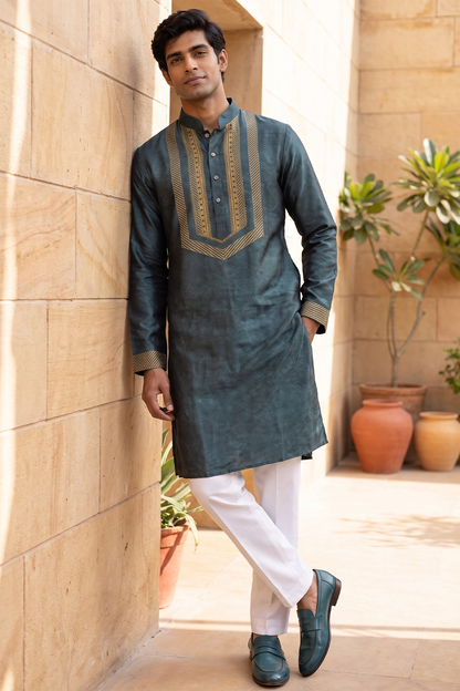 Teal Ornate Silk Kurta