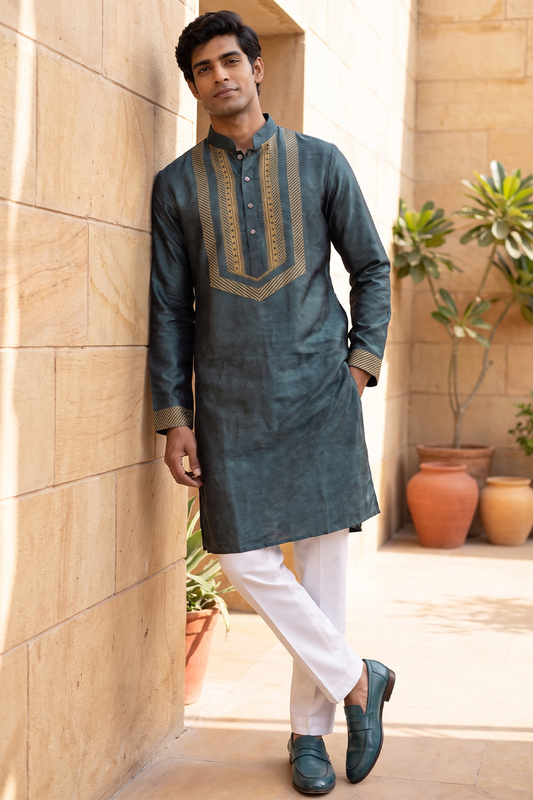 Teal Ornate Silk Kurta