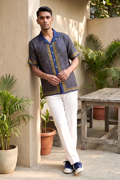 Blue Mosiac Silk Cuban Collar Shirt