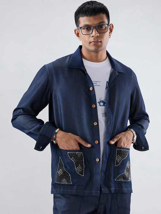 Dark Blue Denim Artisanal Kantha Patchwork Shacket