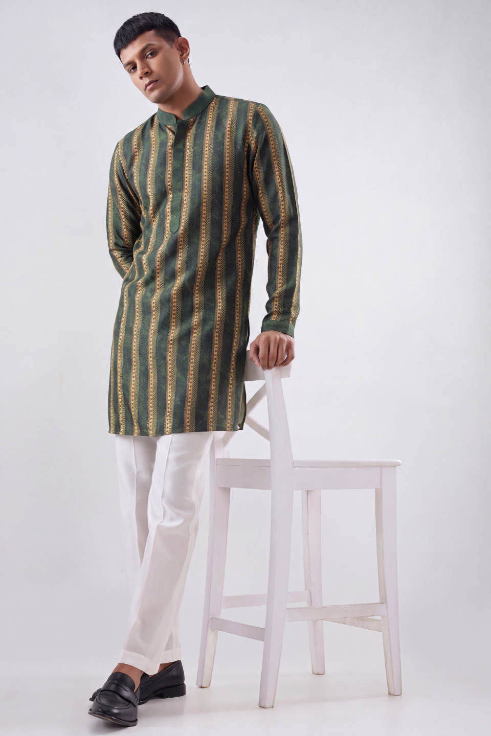 Olive Green Linear Silk Kurta