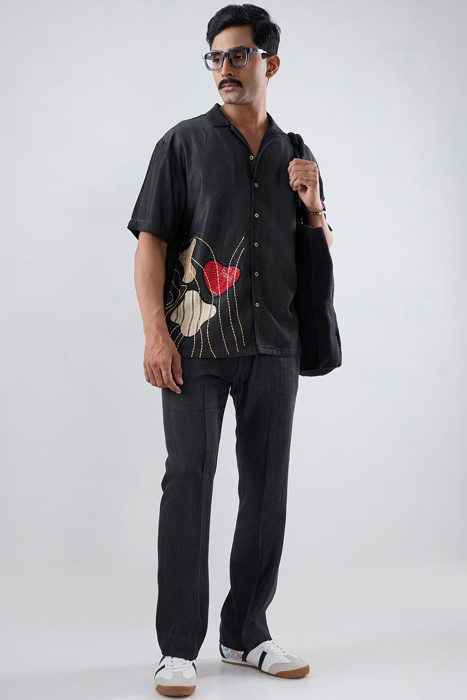 Black Denim Rust Panel Patchwork Shirt