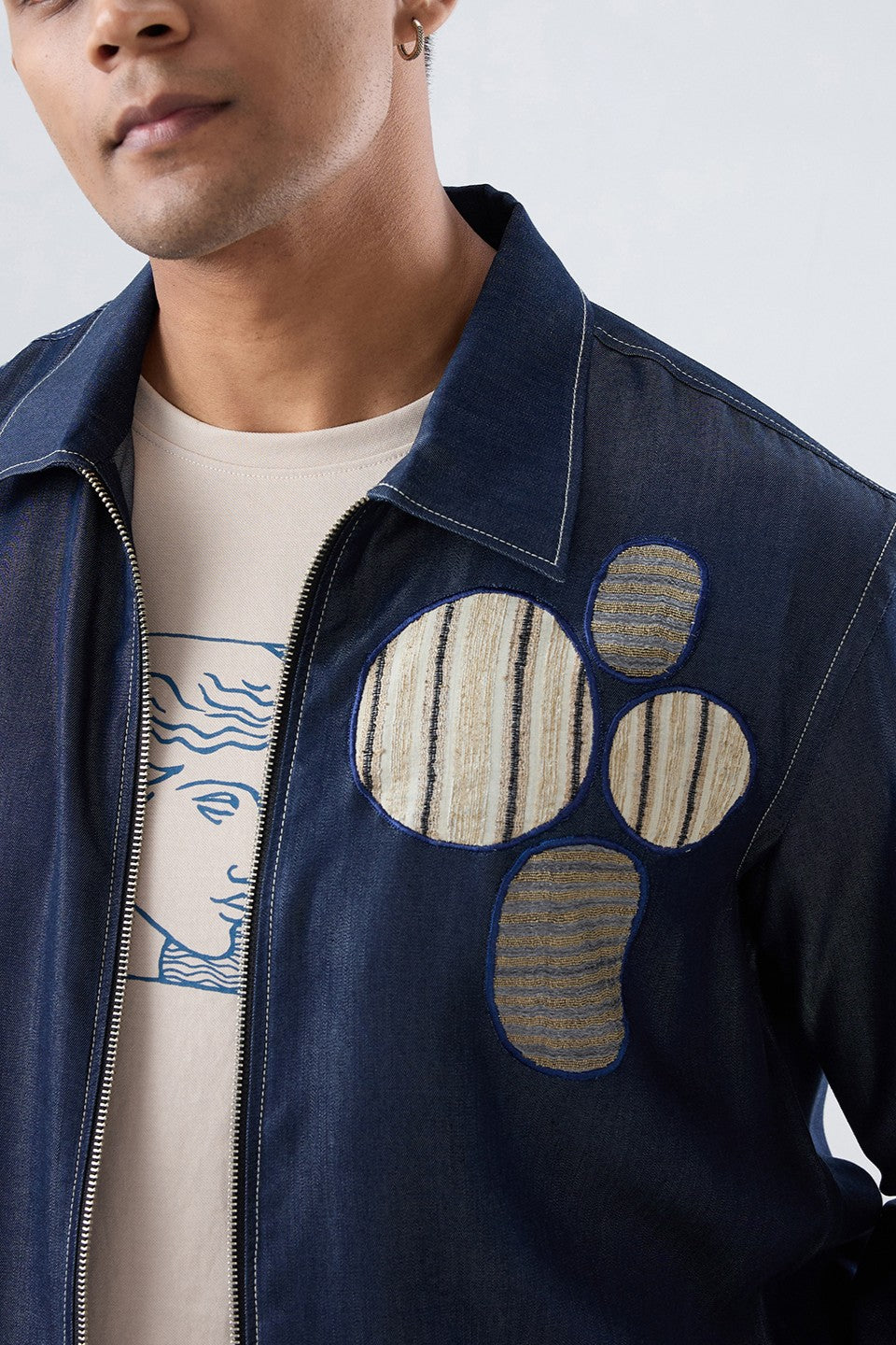 Dark Blue Denim Urban Nomad Zipper Patchwork Shacket