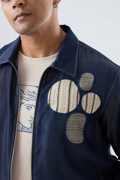 Dark Blue Denim Urban Nomad Zipper Patchwork Shacket