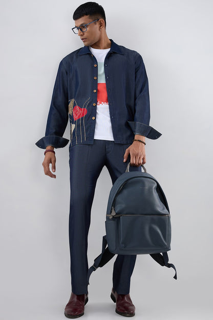 Dark Blue Denim Rust Panel Patchwork Shacket