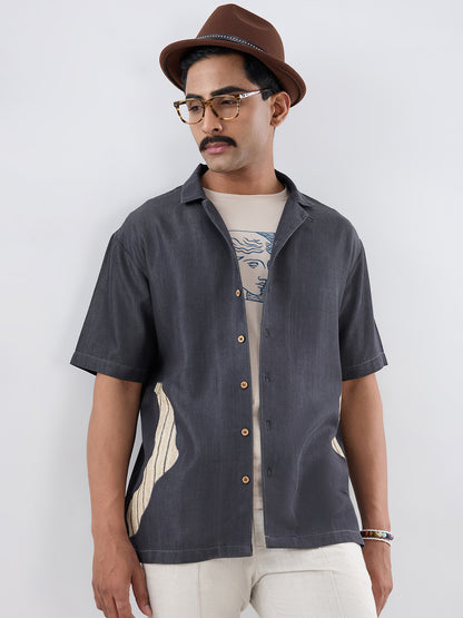 Black Denim Asymmetric Patchwork Shirt