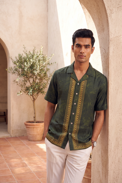 Olive Green Regal Silk Cuban Collar Shirt