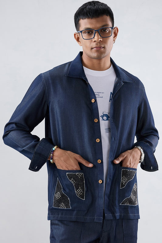 Dark Blue Denim Artisanal Kantha Patchwork Shacket
