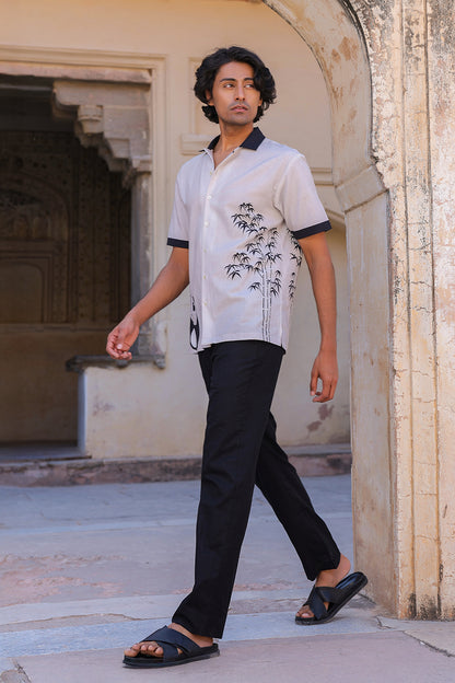 Ivory Embroidered Cuban Collar Shirt Panda