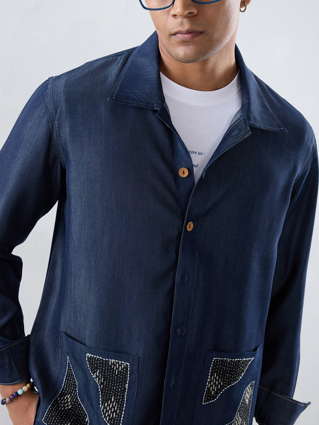 Dark Blue Denim Artisanal Kantha Patchwork Shacket