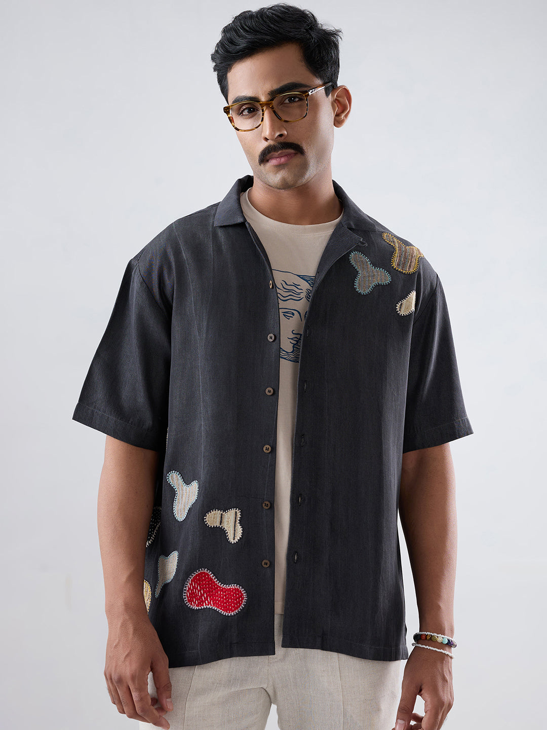 Black Denim Grid Patchwork Shirt