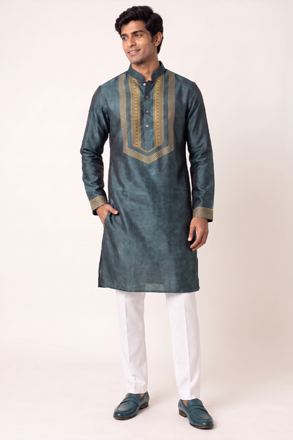 Teal Ornate Silk Kurta
