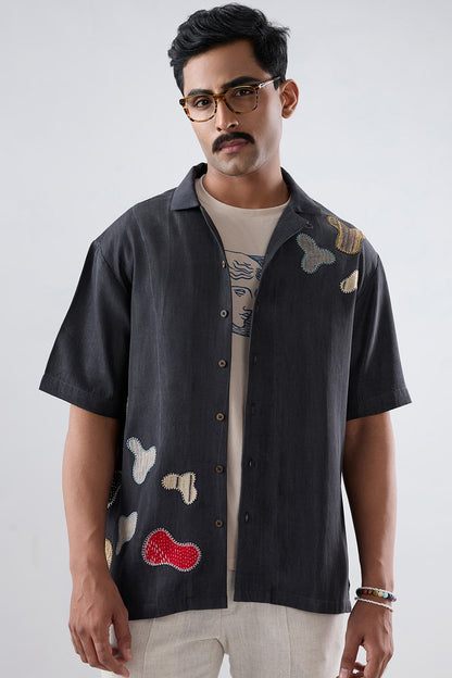 Black Denim Grid Patchwork Shirt
