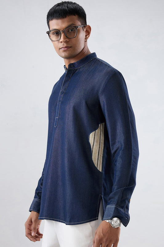 Dark Blue Denim Asymmetric Patchwork Kurta Shirt