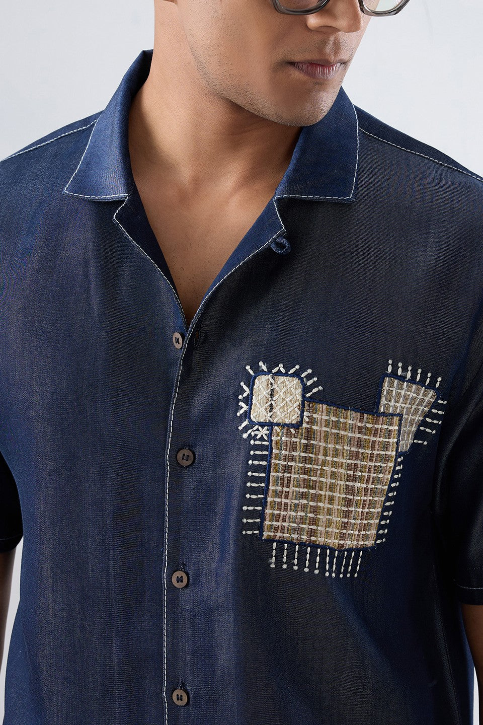Dark Blue Denim Midnight Mosaic Patchwork Shirt