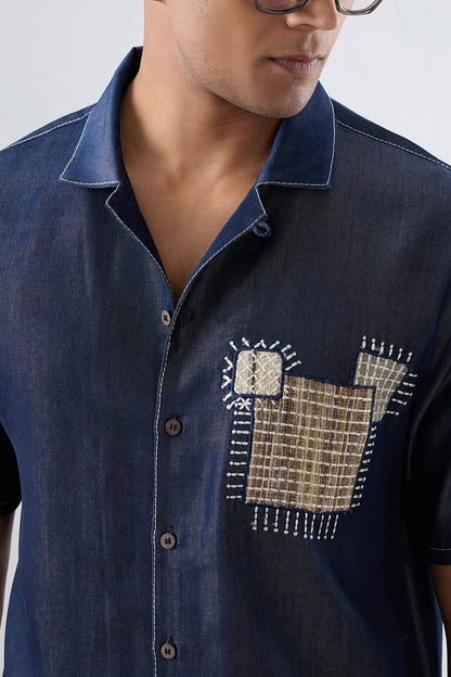 Dark Blue Denim Midnight Mosaic Patchwork Shirt